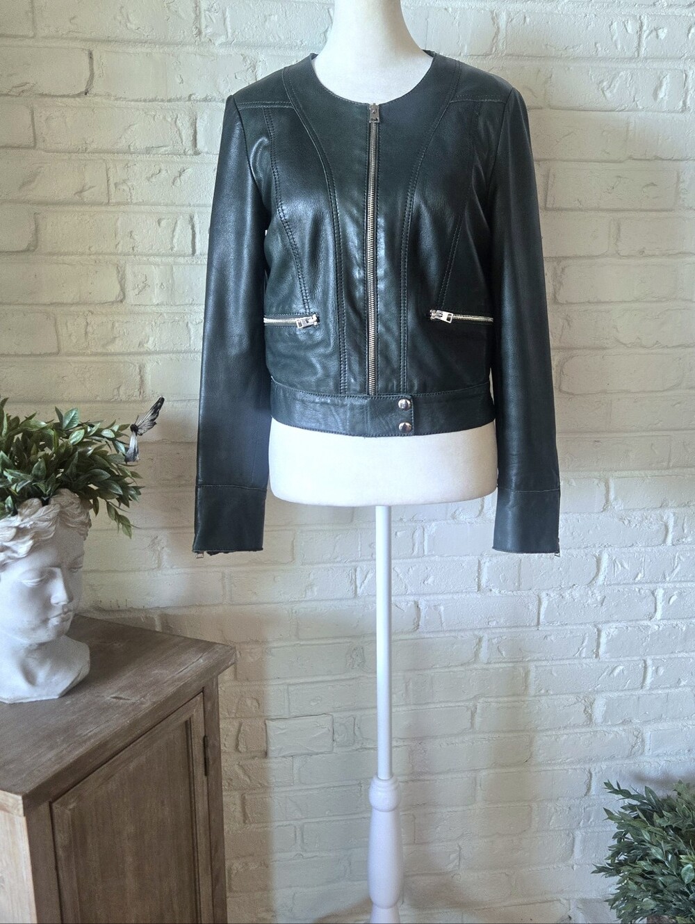 Mango Dark Green 100% Leather Moto Jacket, XS/S, Fall, Layering